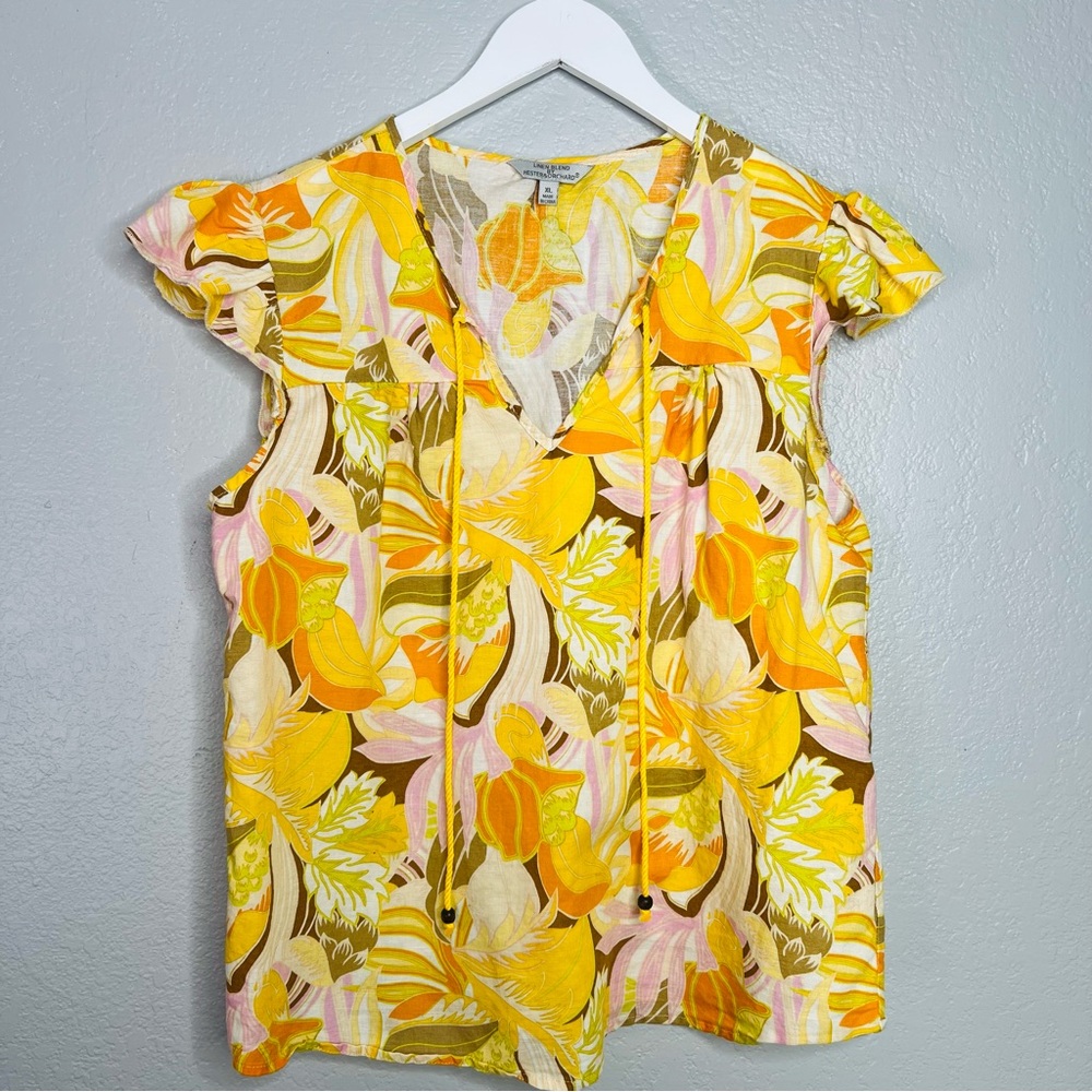 Hester & Orchard Floral Off White & Blue Top sz XL